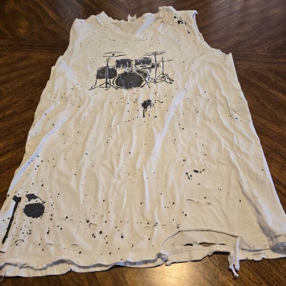 Custom Highly Distressed DIY/BOHO Drumset Punk Rock Cutoff Shirt Size M Cotton - Picture 2 of 9